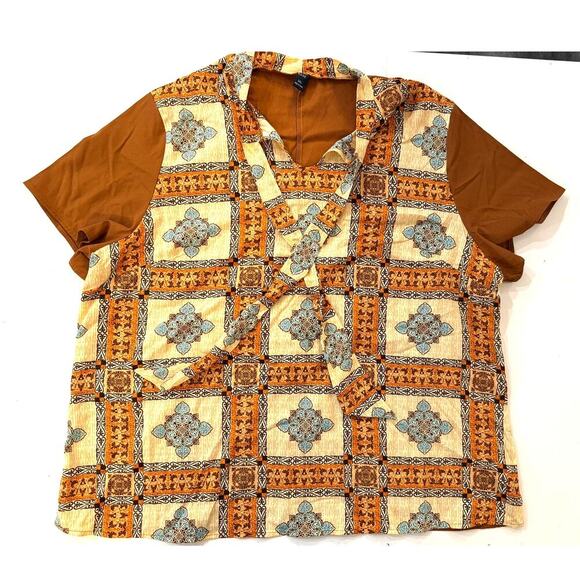 Emery Rose Womens Top 3XL Boho Retro Print Tie Neck Short Sleeve Blouse Plus - Picture 1 of 4